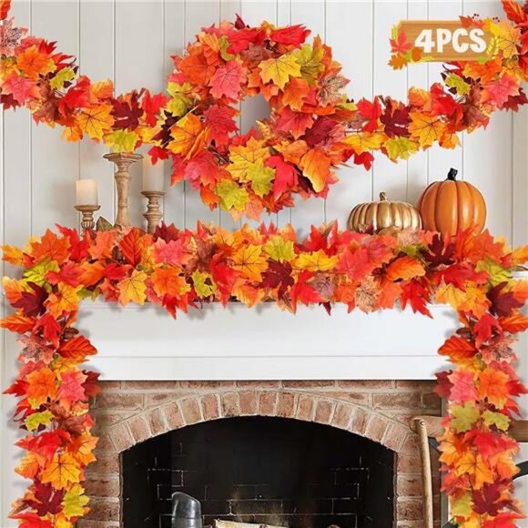 5.8ft Multicolor Fall Autumn Harvest Garland Leaves Fake Vines Room Decor, 4 Pcs - Picture 1 of 7